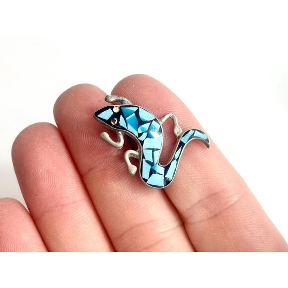 Mosaic Turquoise Lizard Mexican Made TR-19 Vintage Sterling Silver Brooch Pin - Picture 5 of 10